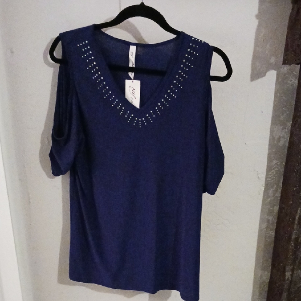 NY Collection Navy Cold Shoulder Top